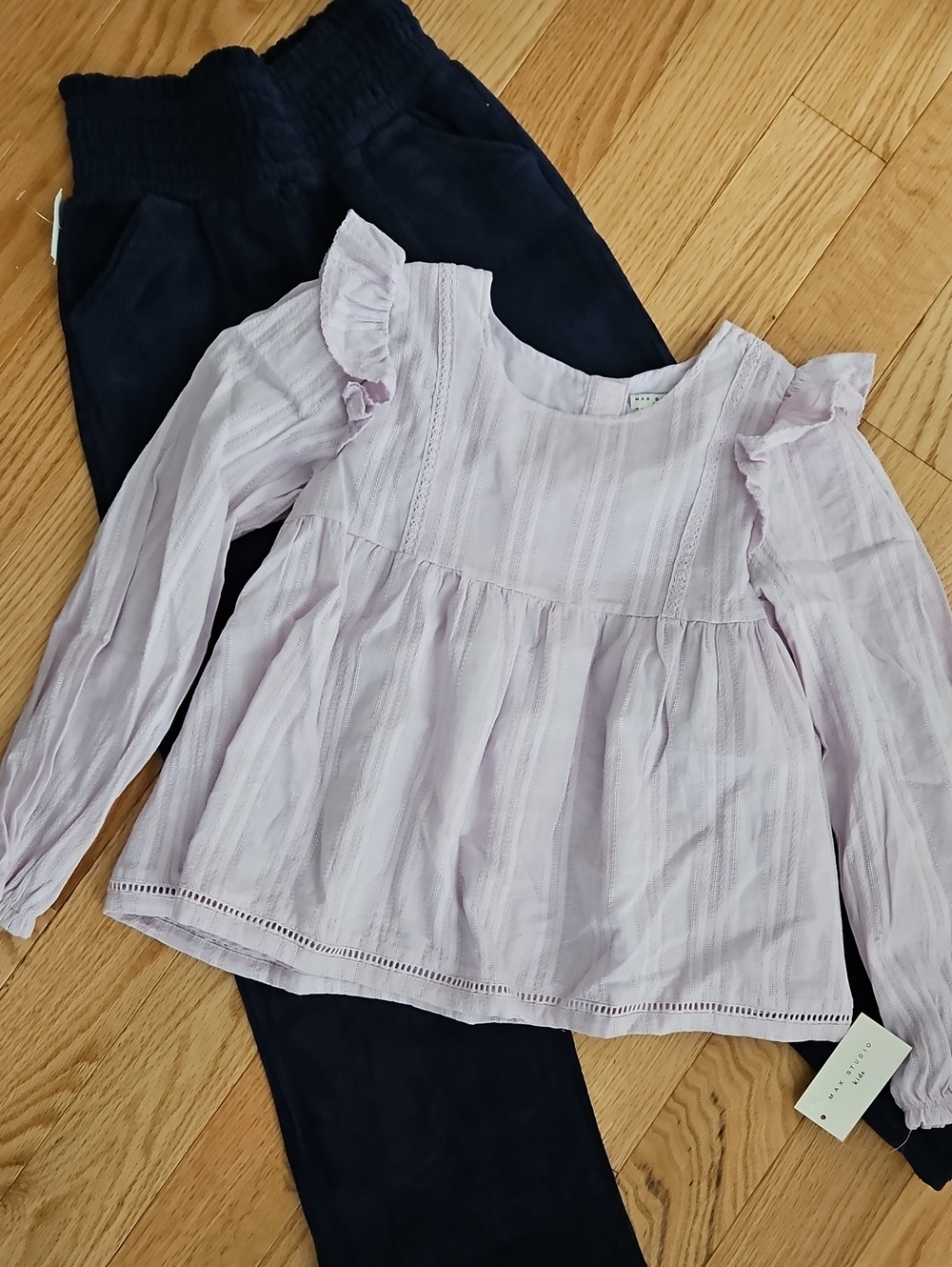 Max Studio Light Lavender Ruffled Long-Sleeve Top for Kids With Soft Navy Pants